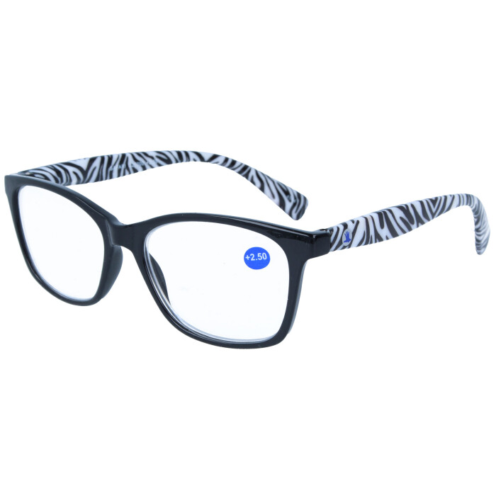 Ausgefallene Fertiglesebrille SAFARI mit Bügeln im Animal-Print und Federscharnier in Zebra - Schwarz + 1,50 dpt