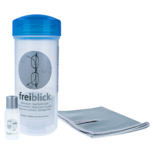freiblick Brillenbad SET | Schüttelbad zur effizienten Brillenreinigung in Blau inkl. 50 ml Spezialreiniger + Microfasertuch