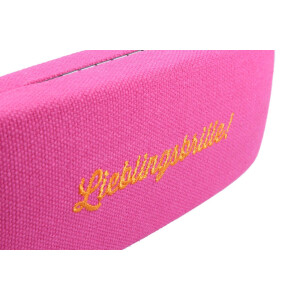 Brillenetui mit Metallscharnier und besticktem Schriftzug "CANVAS" in Pink - Orange