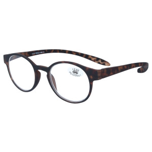 Moderne Kunststoff-Lesebrille SUNSET in Panto-Form mit extra langen Bügeln inkl. Sonnenclip in Havanna + 1,50 dpt