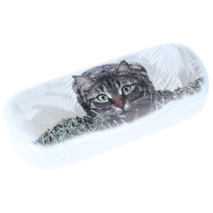 Schönes Hartschalenetui aus Alu in Weiß mit niedlichem Tier-Motiv - Katze inkl. passendem Microfasertuch