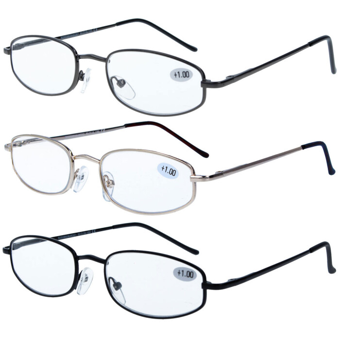 Schicke Lesebrille aus Metall mit klassischer Form und Federscharnier im 3er-Pack