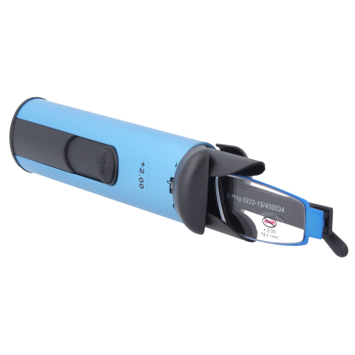 Schmale, leichte Lesebrille I-MAG mit hochwertigem Metall-Etui Blau +2,50 dpt