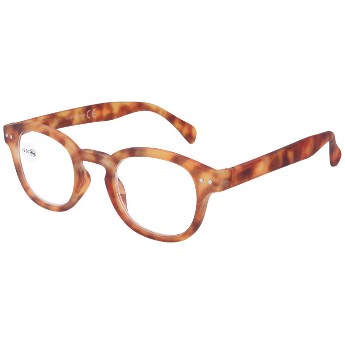 Auffällige Fertiglesebrille /-hilfe aus Kunststoff mit Federscharnier  inkl. Einstecketui in Havanna Hell + 3,5 dpt