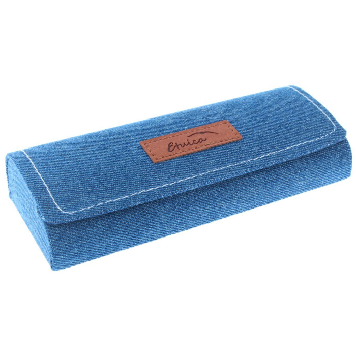 Schickes Brillenetui mit dunkelblauem Jeansbezug und Magnetverschluss