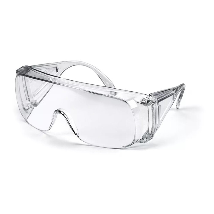 Schutzbrille als Überbrille für Korrektionsfassungen mit integriertem Ober- und Seitenschutz