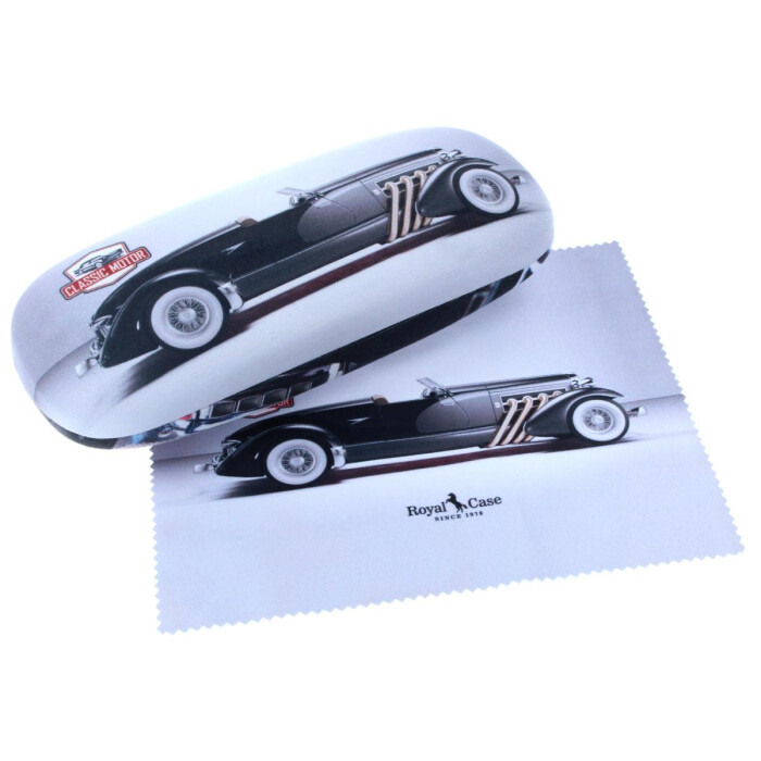 Stylisches Hartschalenetui mit Stoffbezug im Oldtimer-Design und passendem Microfasertuch