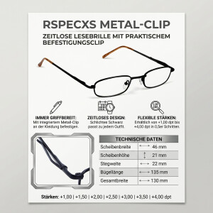Zeitlose Lesebrille RSPECXS METAL-CLIP in Schwarz mit praktischen Befestigungsclip + 2,50 dpt