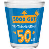 Robustes Sheepworld Schnapsglas mit lustigem Spruch "So gut sieht man nur mit 50 aus"