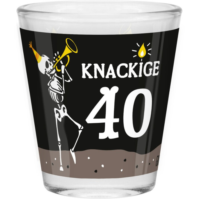 Robustes Sheepworld Schnapsglas mit lustigem Spruch "Knackige 40" und Skelett-Motiv