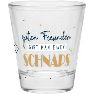 Robustes Sheepworld Schnapsglas mit lustigem Spruch "Guten Freunden gibt man einen Schnaps"
