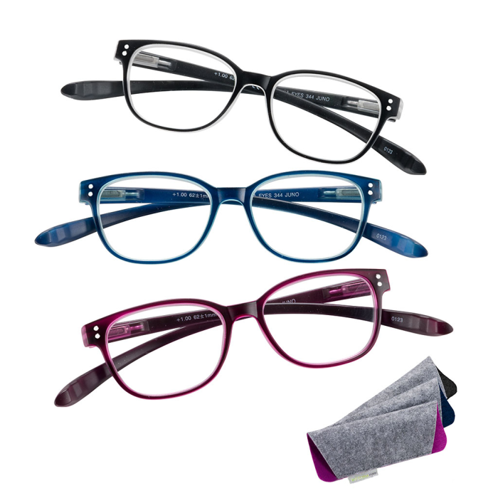 Kunststofflesebrille "Juno" mit Federscharnier in verschiedenen Farben und farblich passendem Etui