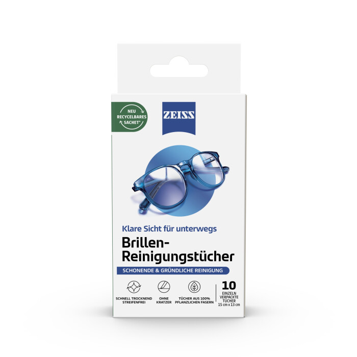 ZEISS Brillen-Reinigungstücher 10er Box – Nachhaltig, streifenfrei & recycelbar