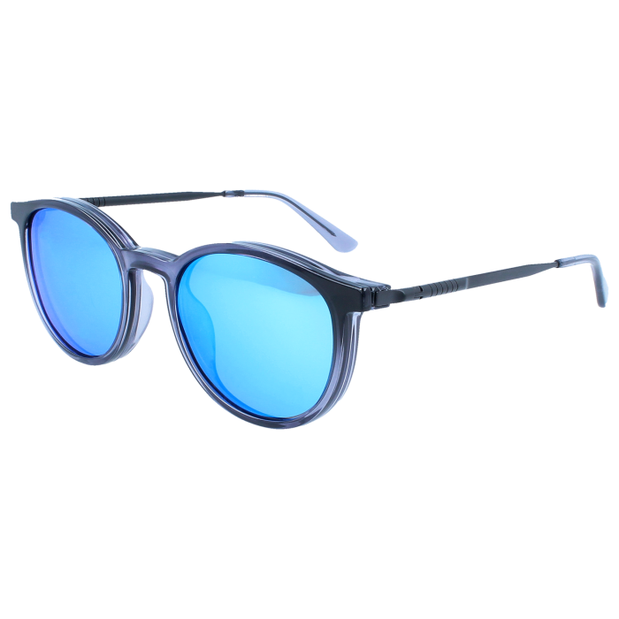 Vollrandbrille in Transparent Grau mit blau verspiegeltem Sonnenclip