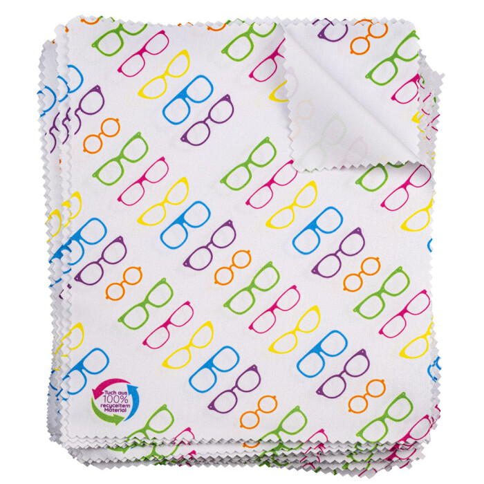 Micofasertuch "Saturn Neo L" in Weiß mit bunten Brillen aus 100% recyceltem Polyester - 15 x 18 cm