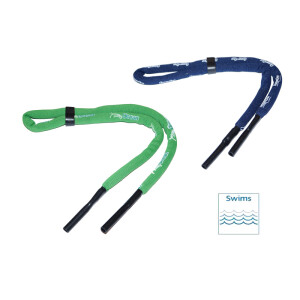 schwimmfähiges Brillenbands / Schwimmband in blau oder grün mit Silikon Tube Endstück blau