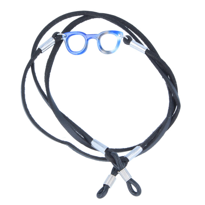 Wunderschöne Kunstleder - Brillenkette mit einer blauen Brille als Verzierung
