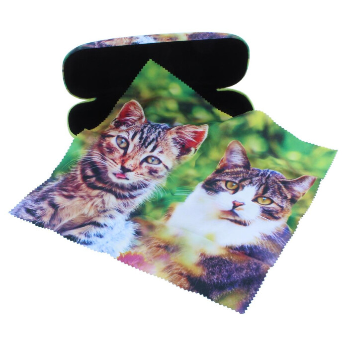 niedliches Hartschalenetui mit Katzenpaar-Motivbezug und Microfasertuch
