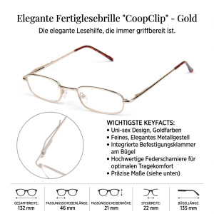Klassische Lesebrille / Halbbrille CoopClip in Gold mit Clip / Befestigungsklammer