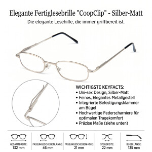 Klassische Lesebrille / Halbbrille CoopClip  in Silber Matt mit Clip / Befestigungsklammer +2,75 dpt