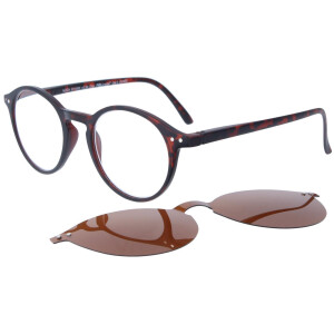 klassische Panto-Lesebrille oder Sonnenbrille mit Magnet-Clip und Einstecketui havanna + 1,5 dpt