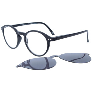 klassische Panto-Lesebrille oder Sonnenbrille mit Magnet-Clip und Einstecketui schwarz + 1,0 dpt