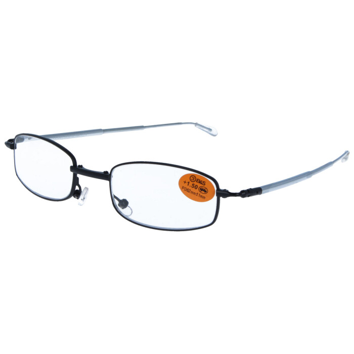 Fertiglesebrille mit Faltmechanismus und Teleskopbügeln in Schwarz-Silber