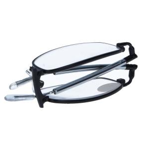 Fertiglesebrille mit Faltmechanismus und Teleskopbügeln in Schwarz-Silber