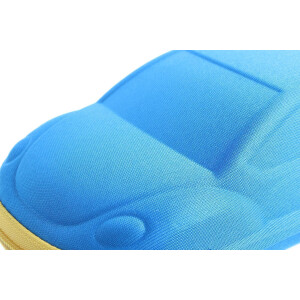 Angesagtes Brillenetui BEETLE in Auto-Form aus robustem Stoff mit Reißverschluss in Hellblau / Gelb