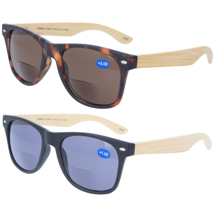 Schicke Bifokalbrille / Lesebrille mit Sonnenschutz MAMBO mit Federscharnier und Bambusbügeln