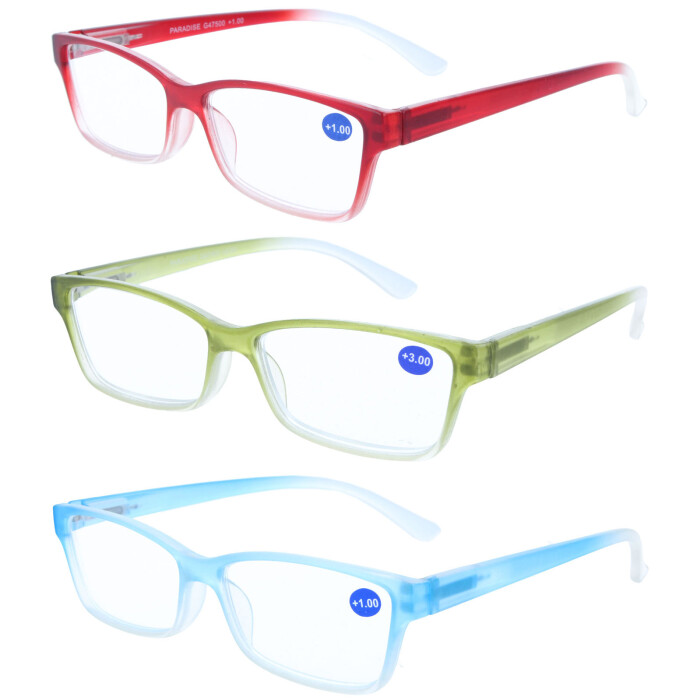 Transparente Fertiglesebrille / -hilfe PARADISE mit farblich passendem Etui und Federscharnier